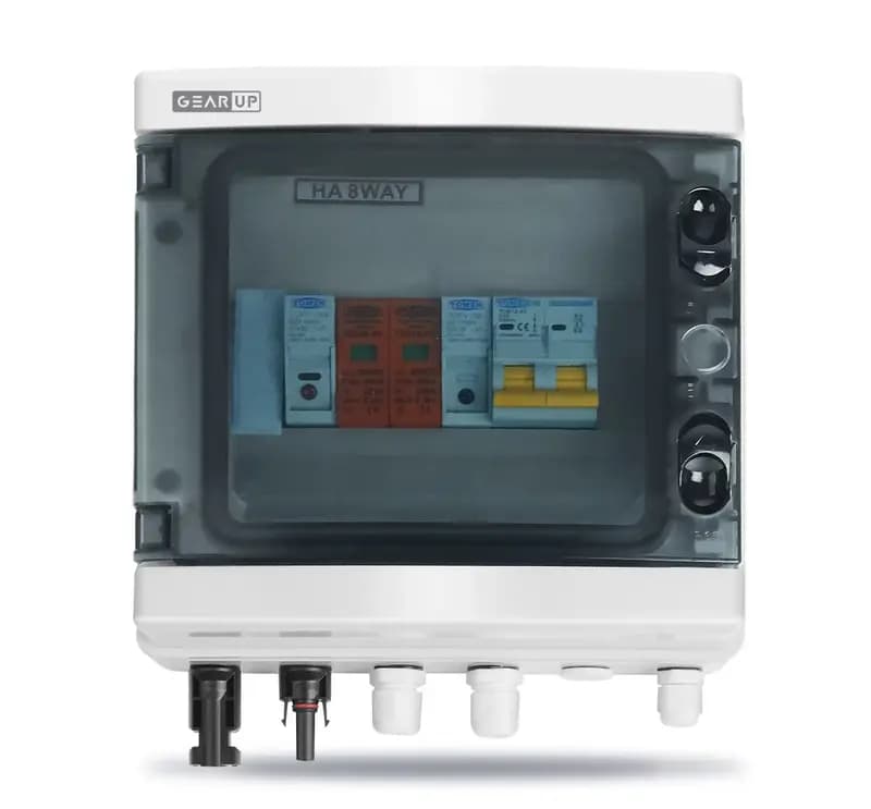 GearUP 8-Way DC PV Combiner Box with MCB, Fuse & SPD (IP65 Waterproof)